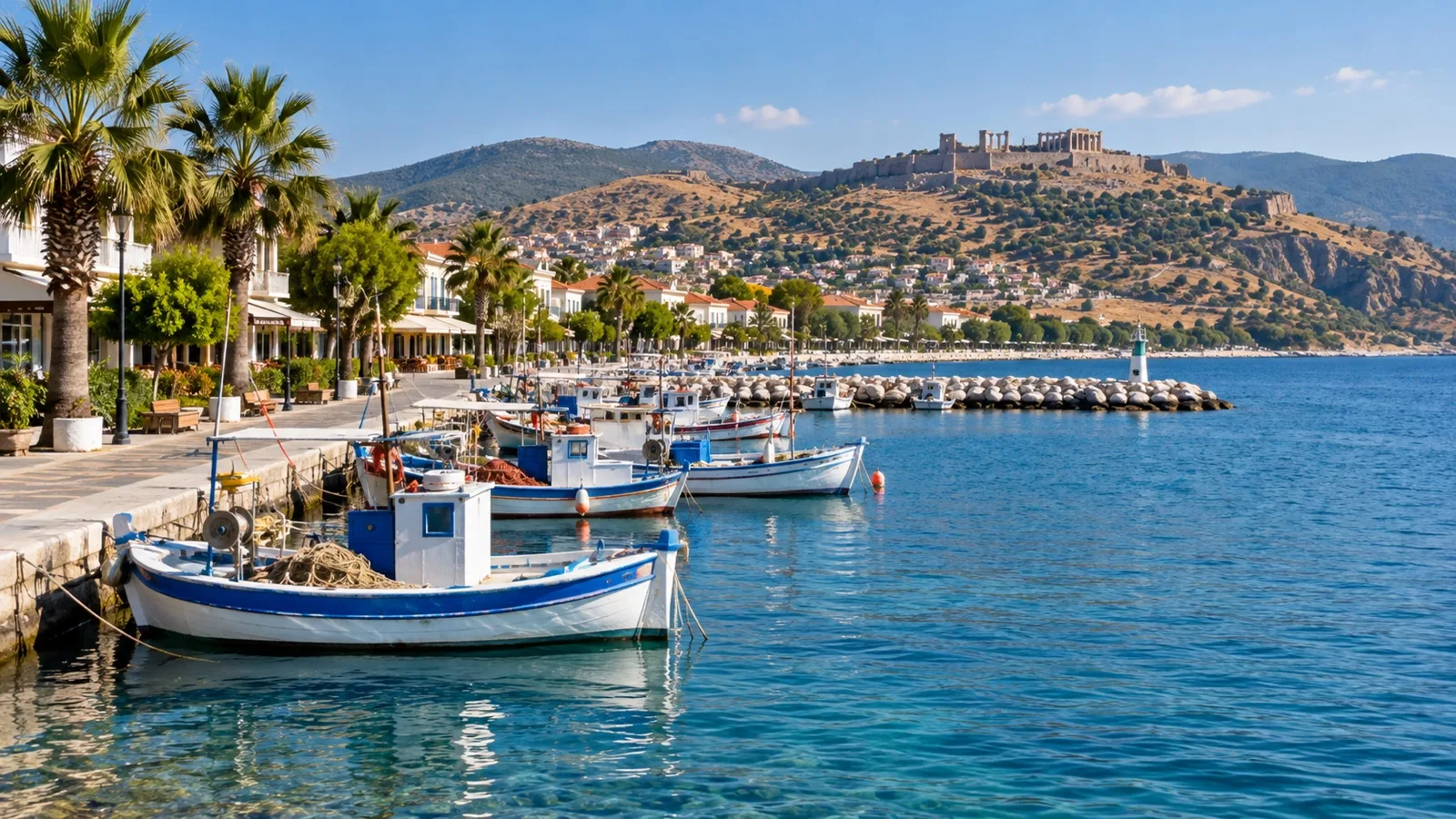 Fishing boats and promenade along Dikili waterfront