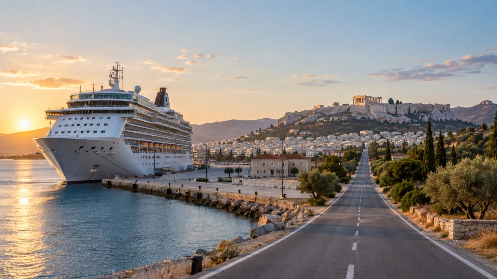 Long road from a cruise harbor toward a distant hilltop heritage site