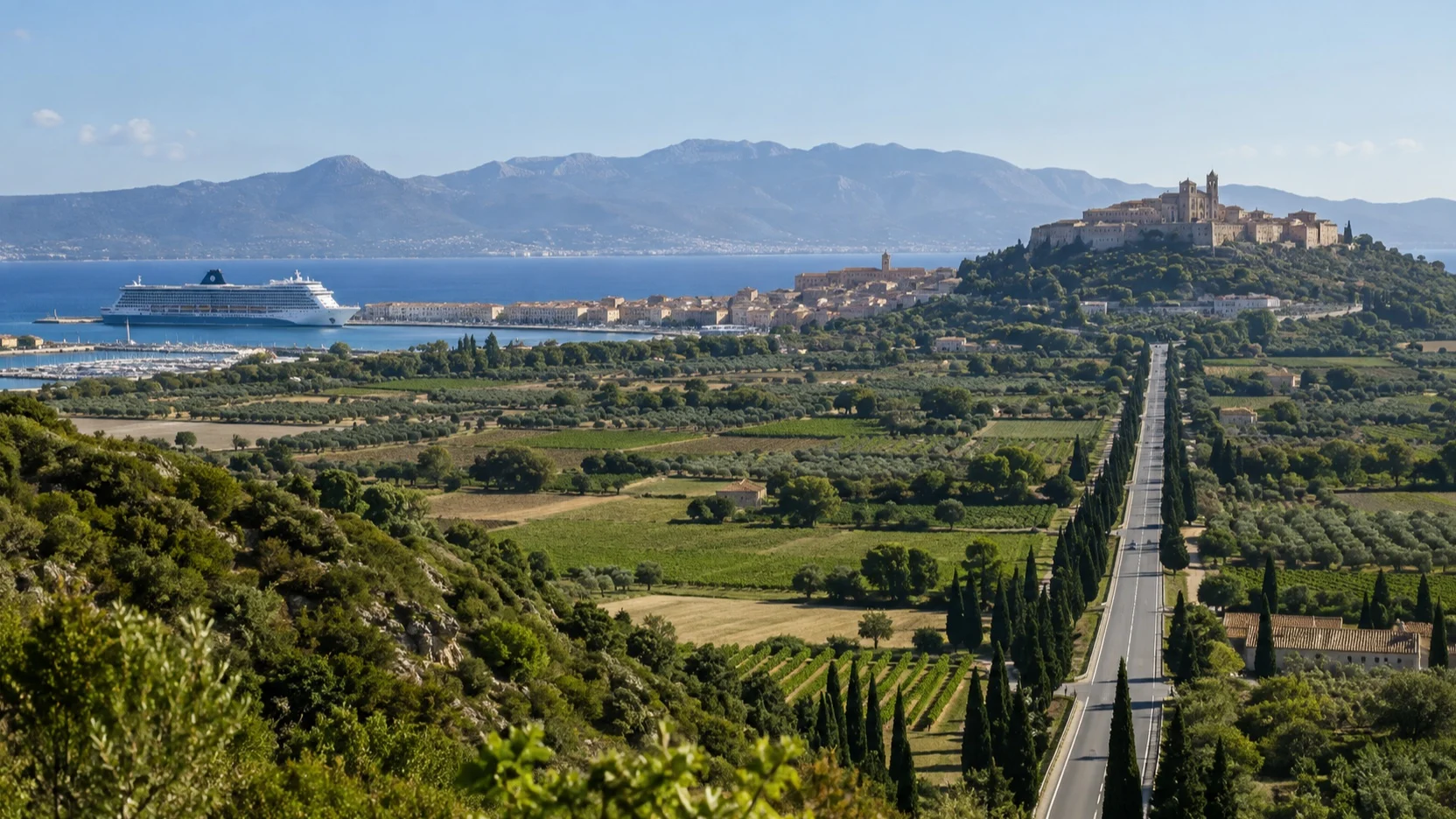 Long inland road from a coastal cruise port toward a heritage site