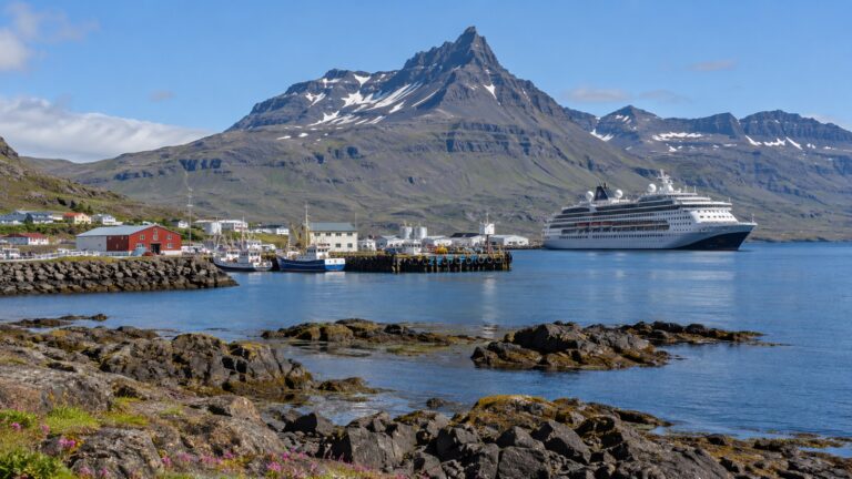 Cruise ship near Djúpivogur harbor beneath Búlandstindur