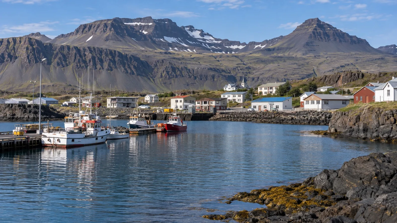 Fishing boats and low buildings at Djúpivogur harbor