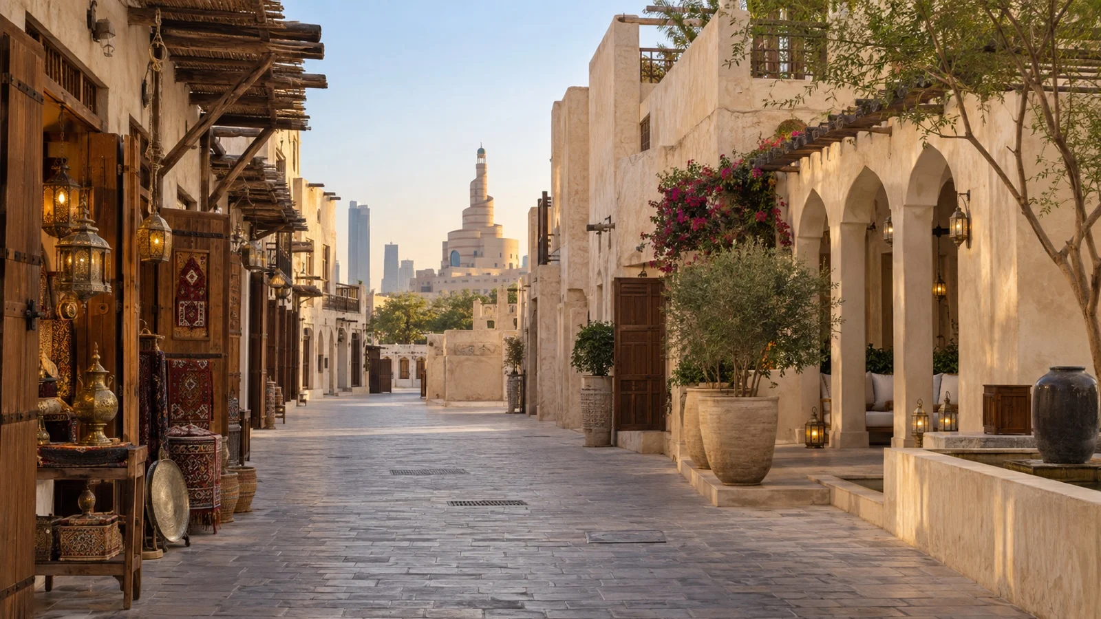 Souq Waqif district of Doha with traditional Qatari market architecture, boutique hotel courtyards and quiet empty lanes