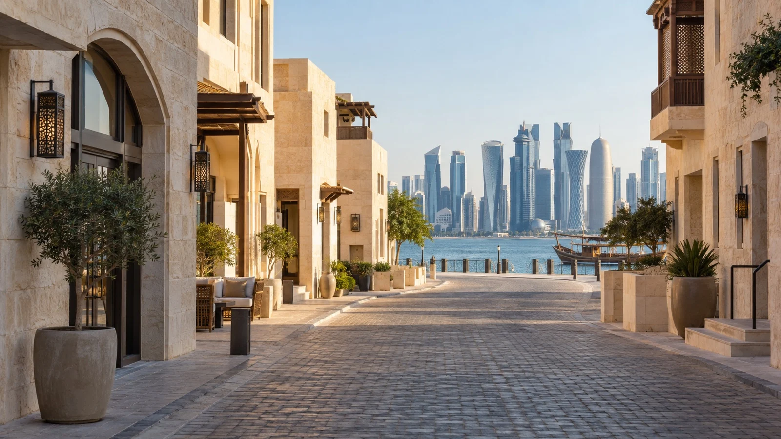 Doha Old Town street near the waterfront with simple contemporary hotels and warm limestone facades