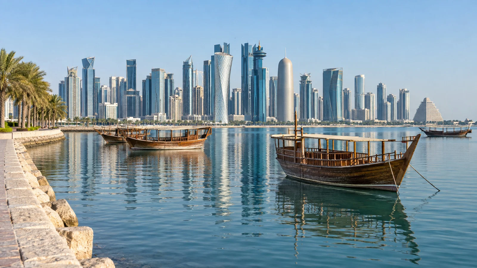 Dhow boats on Doha Bay with the West Bay skyline beyond