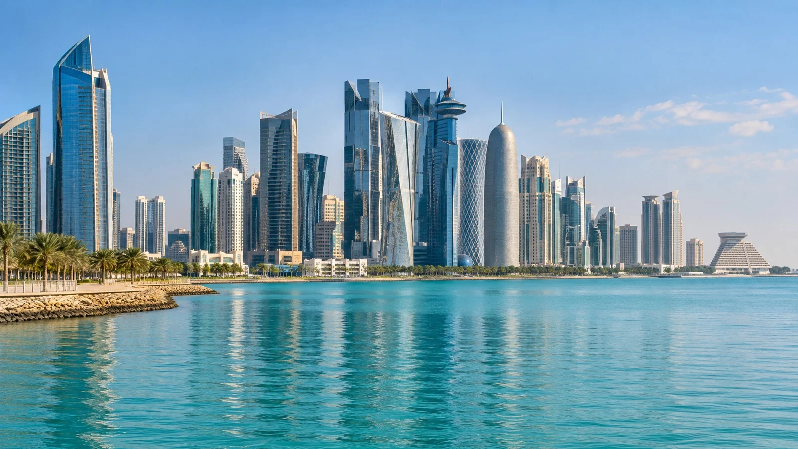 Doha West Bay waterfront skyline of luxury hotels and modern towers across the turquoise Arabian Gulf