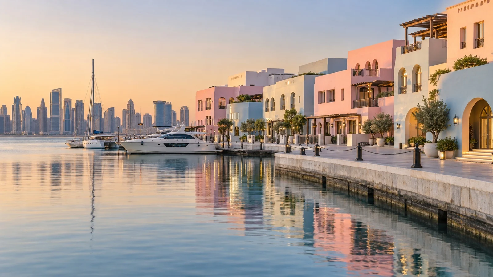 Mina District of Doha with pastel waterfront buildings, boutique hotels and calm harbor water