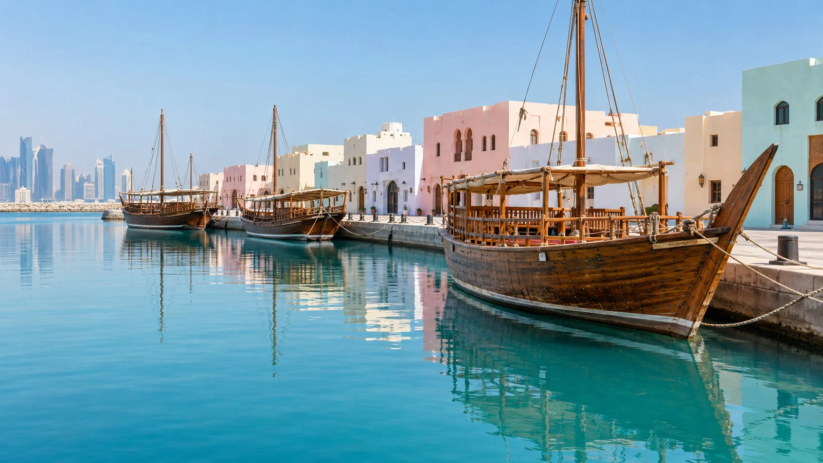 Traditional dhow boats moored beside the Old Doha Port waterfront