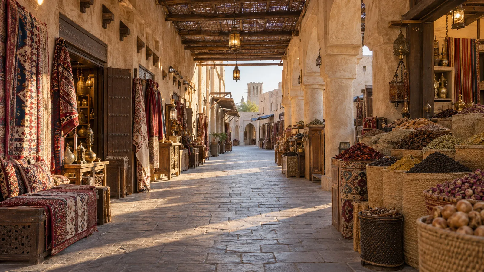 Traditional market lane with textiles and spices at Souq Waqif in Doha