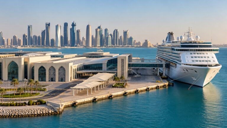 Doha Grand Cruise Terminal at Mina Port with a white cruise ship docked, Arabian Gulf water and skyline behind