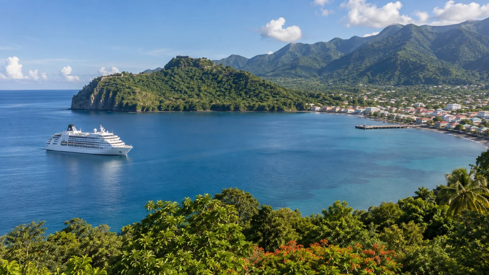 Cruise ship near Portsmouth and Cabrits National Park on Dominica's north coast