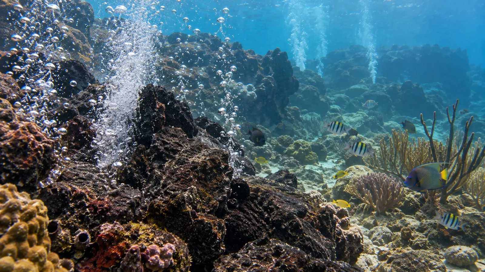 Geothermal bubbles rising through volcanic rock and coral at Dominica Champagne Reef