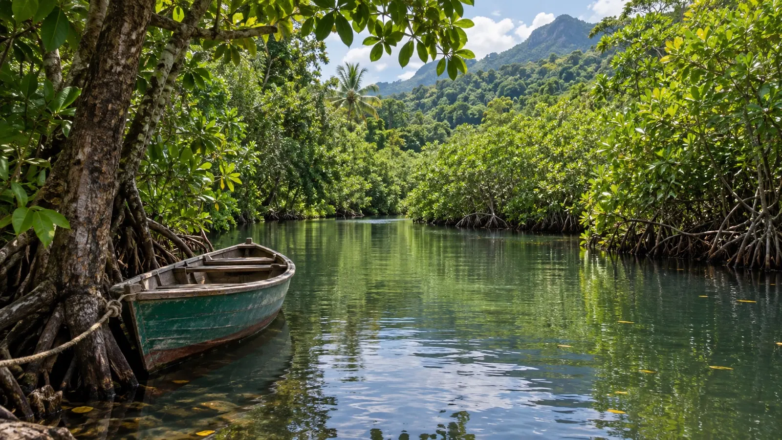 Quiet Indian River winding through mangroves near Portsmouth, Dominica
