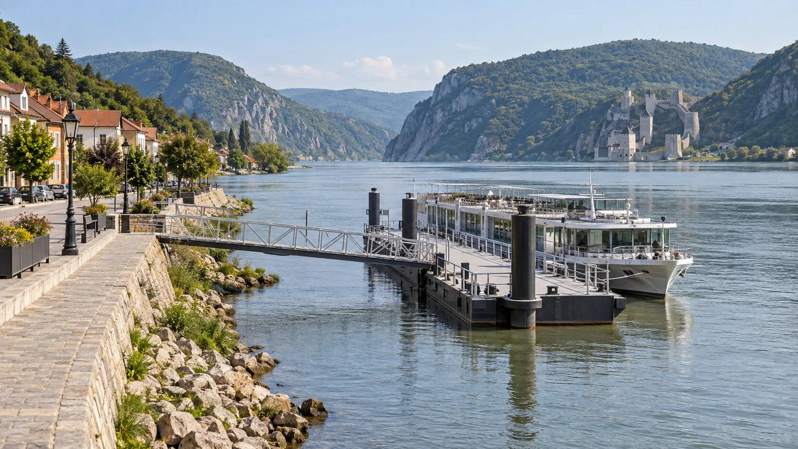 Danube mooring and riverside promenade in Golubac with fortress in the distance