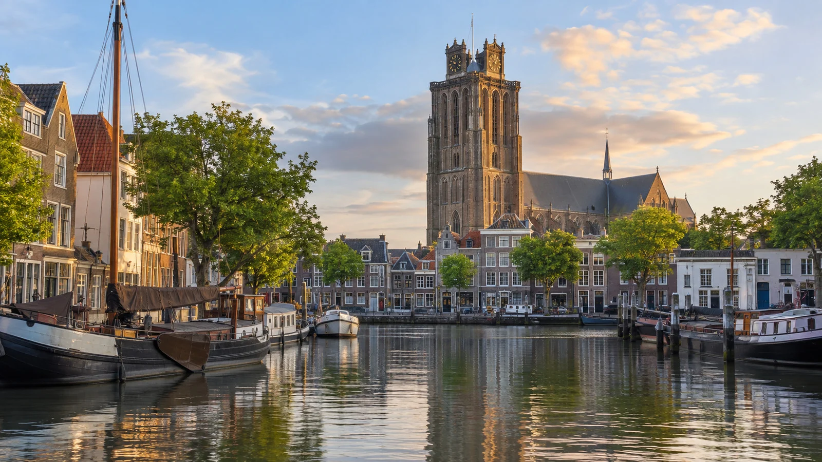 Grote Kerk tower above Dordrecht's old harbor