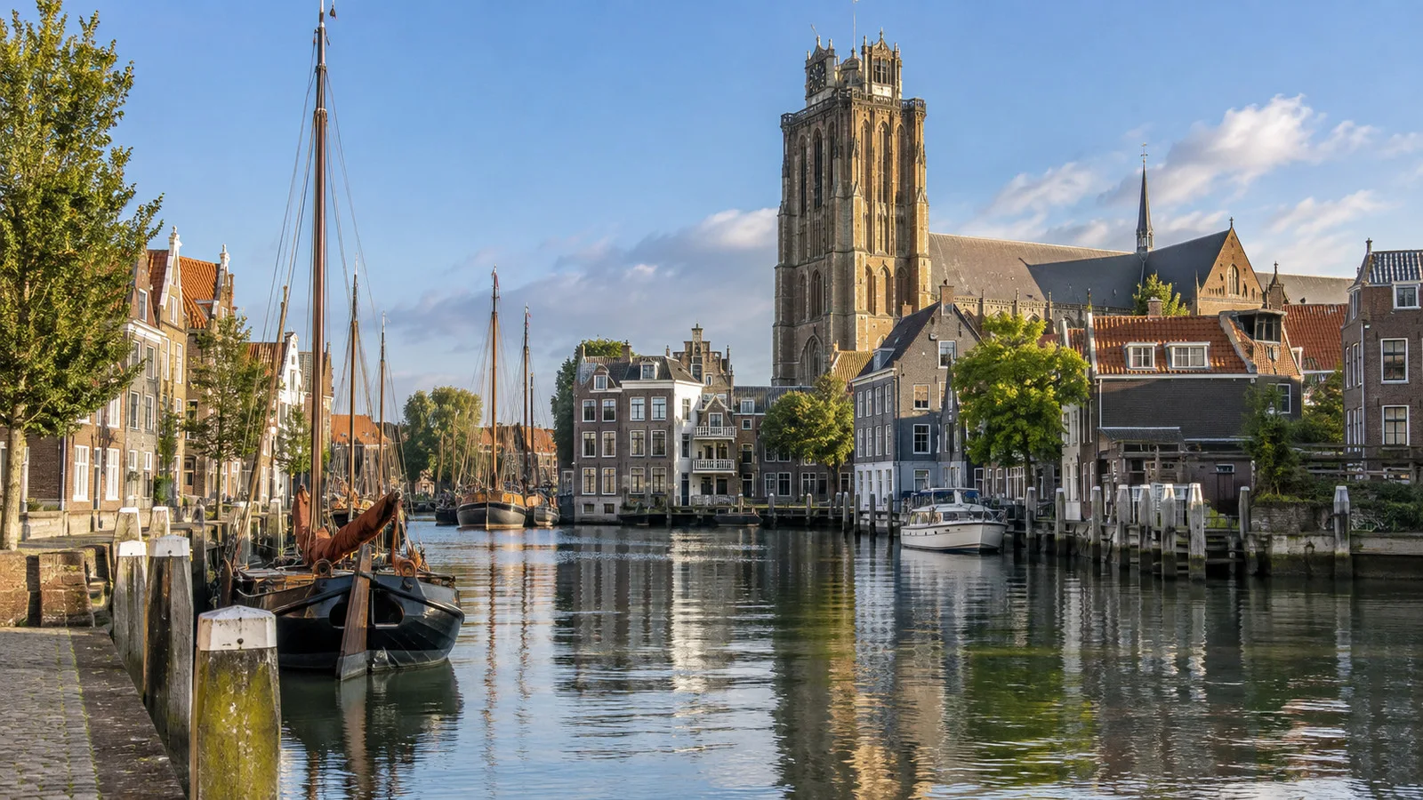 View of Grote Kerk and the old harbor lanes near Dordrecht
