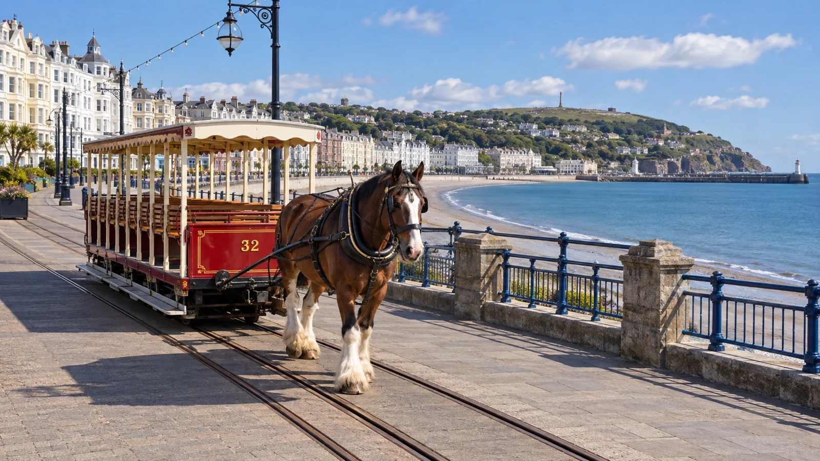 Horse pulling an empty heritage tram along Douglas promenade