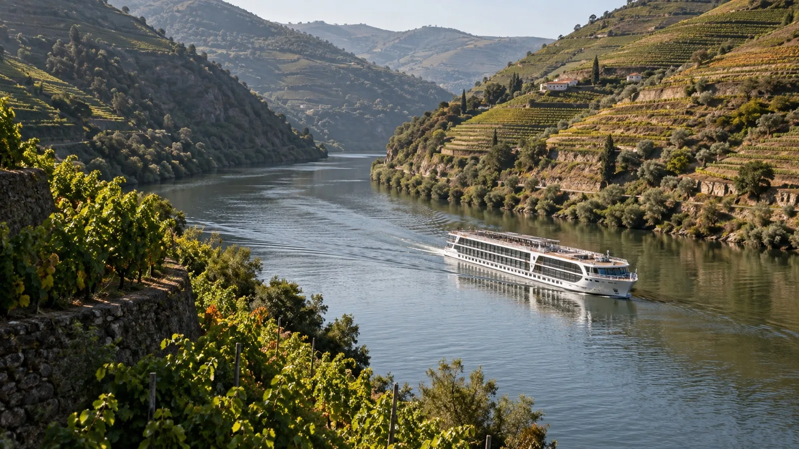 Shorter Douro River cruise ship among terraced vineyards