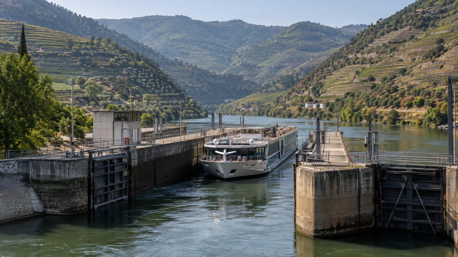 River cruise ship in Douro valley lock
