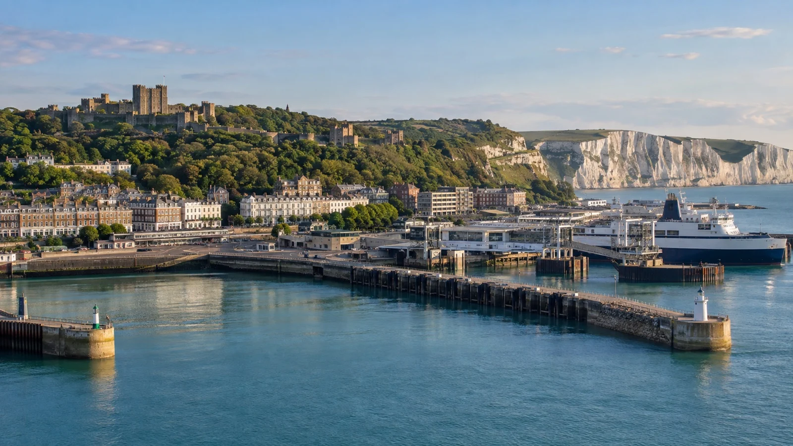 Panoramic Dover harbor with town hotels, Dover Castle on the hill and the White Cliffs