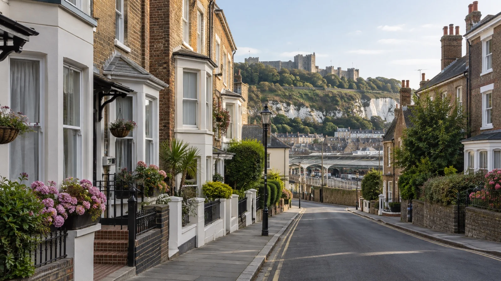 Quiet Dover town street near Dover Priory with small guest houses and traditional English brick buildings