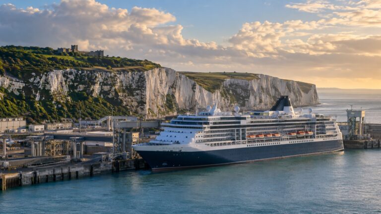 A cruise ship in Dover harbor beneath England's White Cliffs
