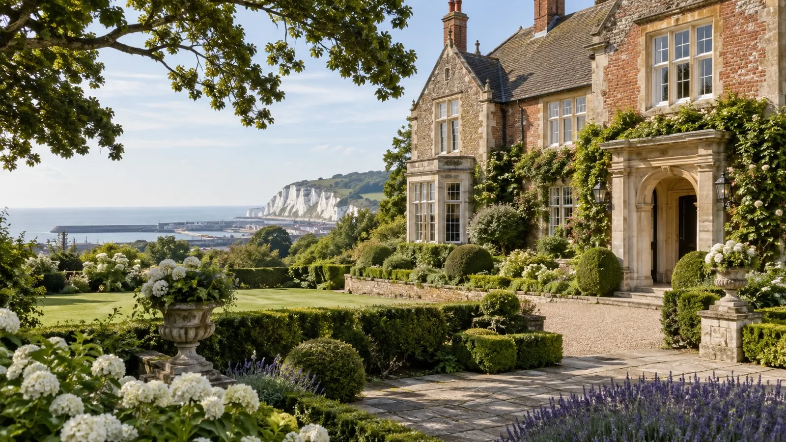 Elegant Kent country house hotel exterior with mature gardens and traditional brick and stone architecture