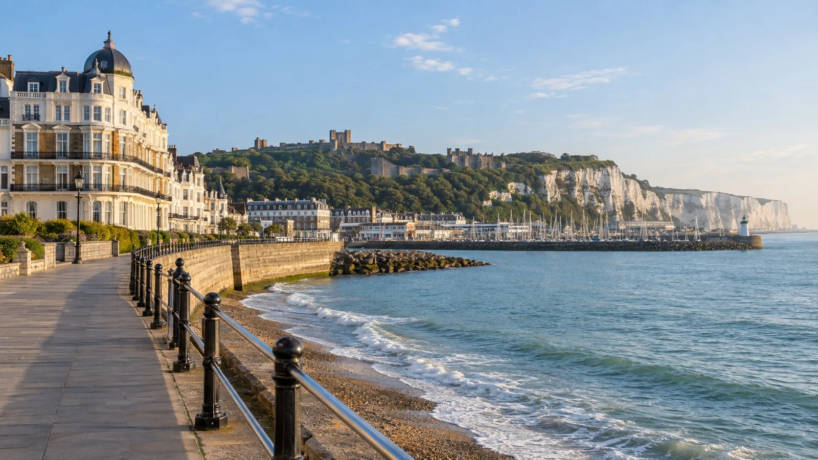 Dover seafront promenade with historic marina hotel buildings, English Channel and white cliffs