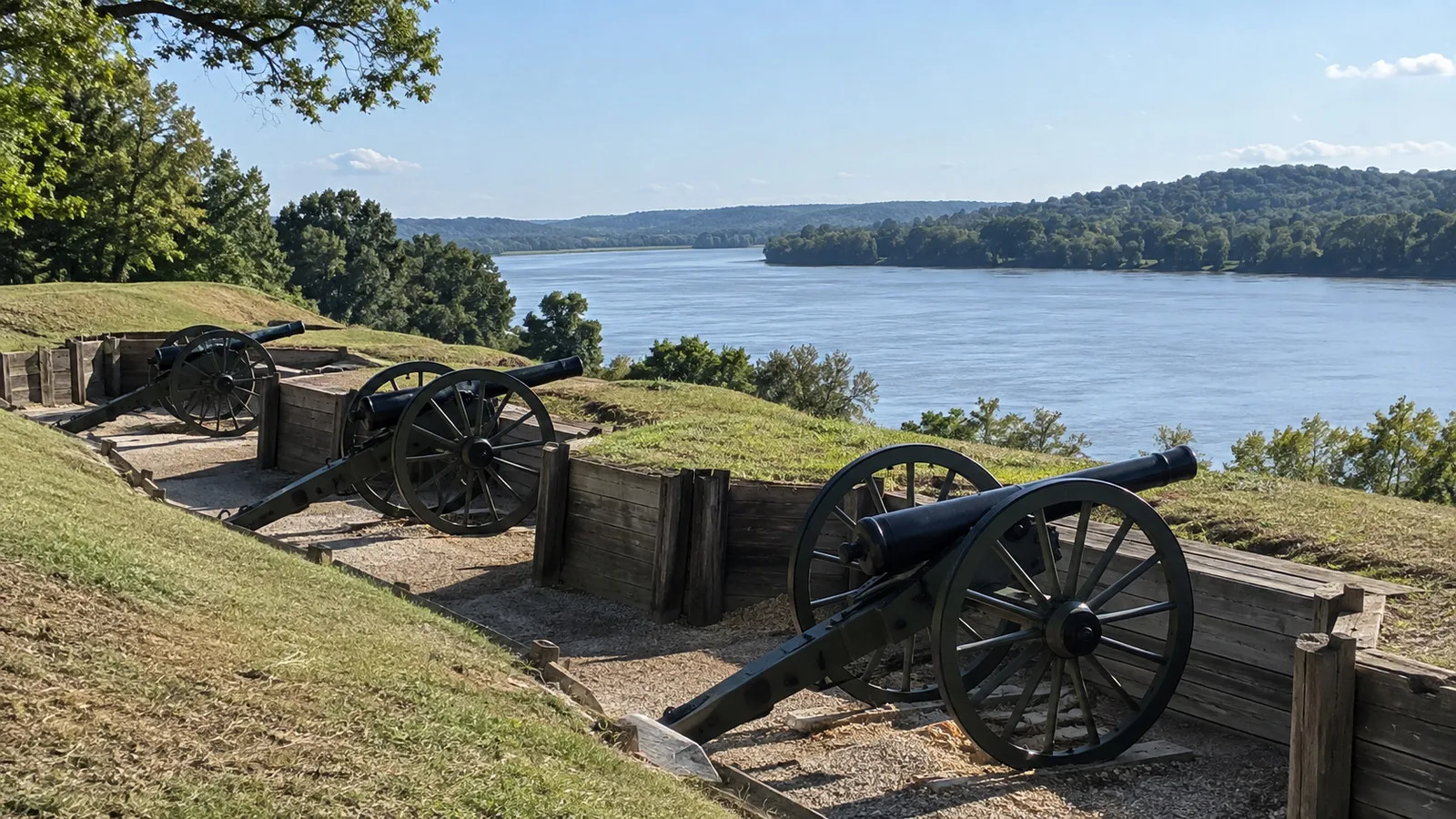 Reconstructed cannons at the lower river battery of Fort Donelson