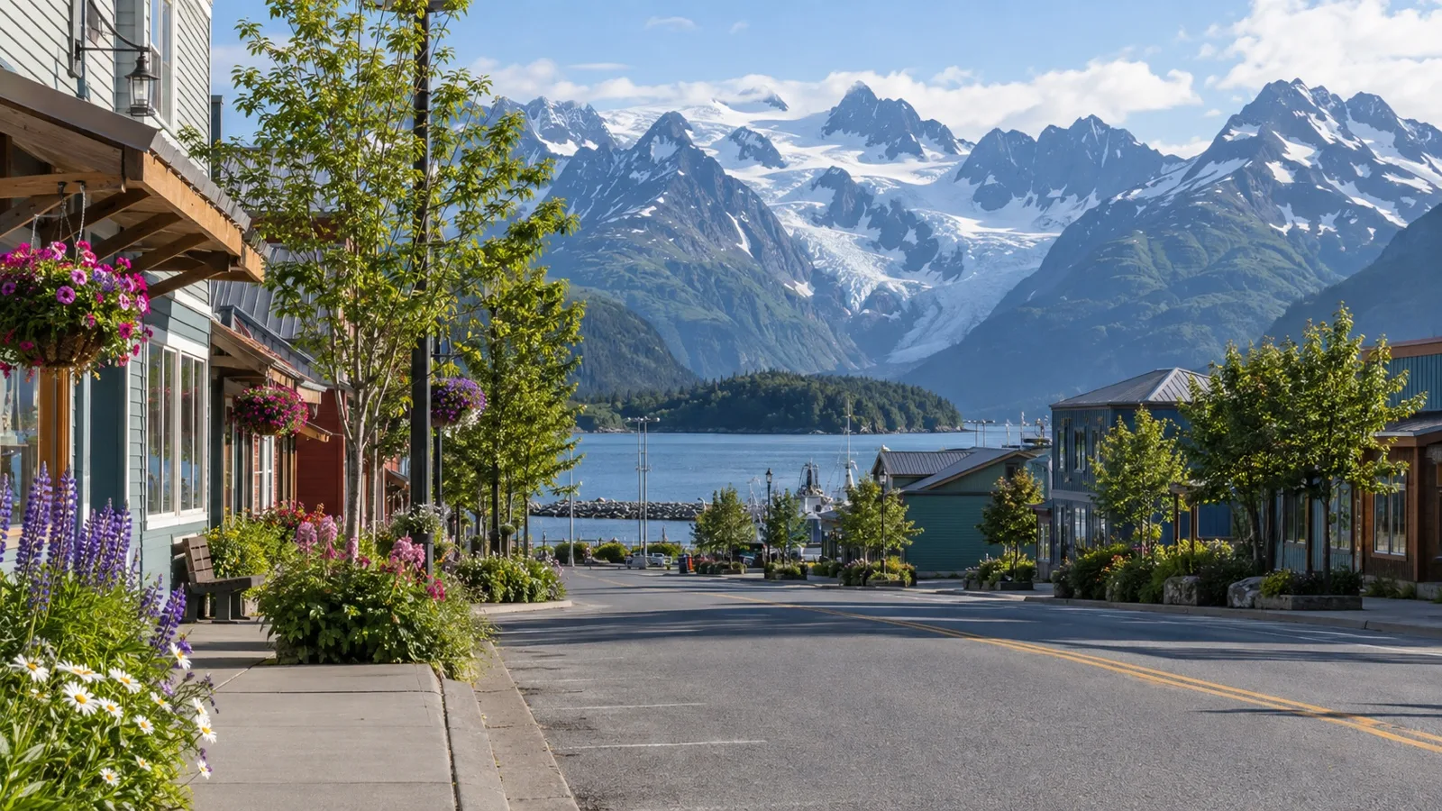 Quiet downtown Valdez street framed by mountains