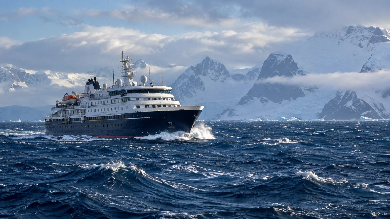 Small ice-strengthened expedition cruise ship crossing deep-blue Drake Passage swell with no passengers visible