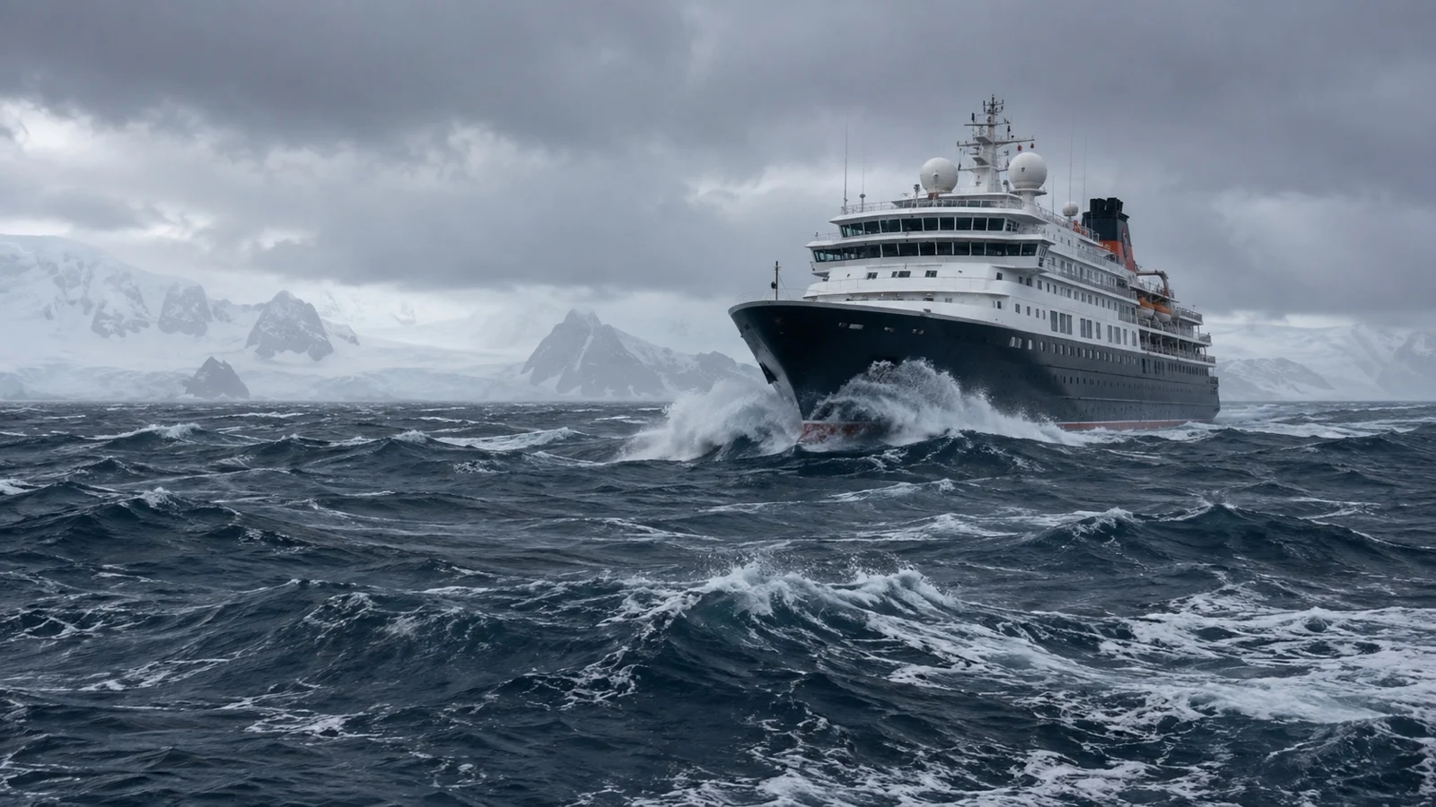 Expedition cruise ship in high seas of Drake Passage under overcast sky
