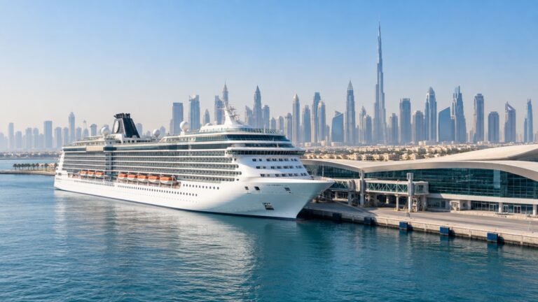 Cruise ship at a Dubai waterfront terminal with the city skyline beyond