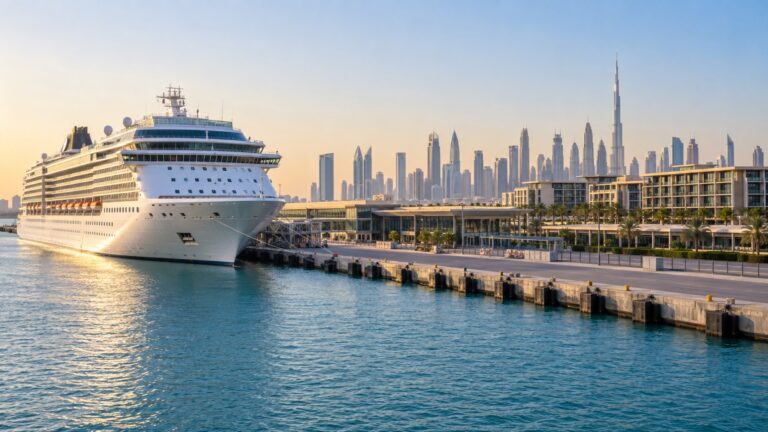 Cruise ship at Mina Rashid with nearby hotel buildings and Dubai skyline