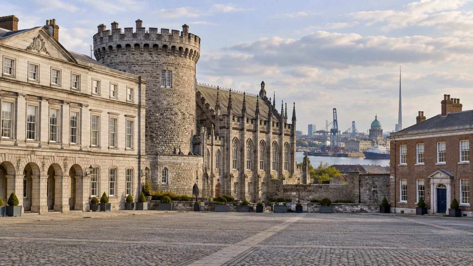 Stone and Georgian buildings around Dublin Castle courtyard