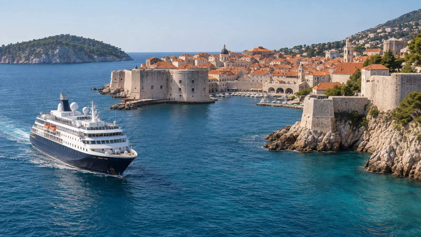 Cruise ship approaching Dubrovnik and its historic city walls along the Adriatic.