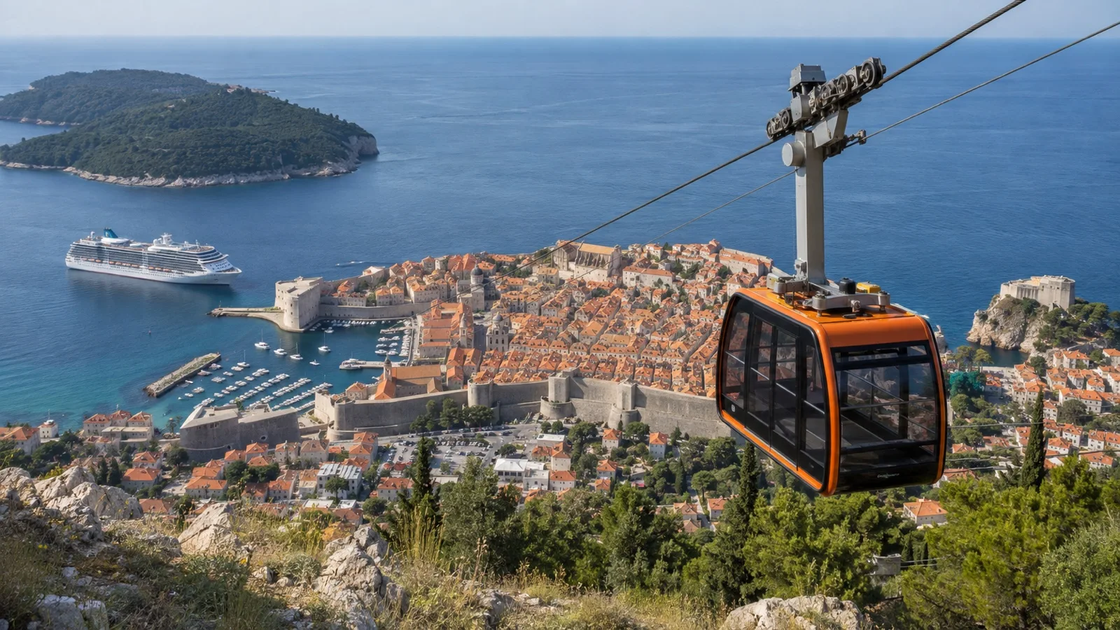 Empty Dubrovnik cable car above walled old town and cruise port