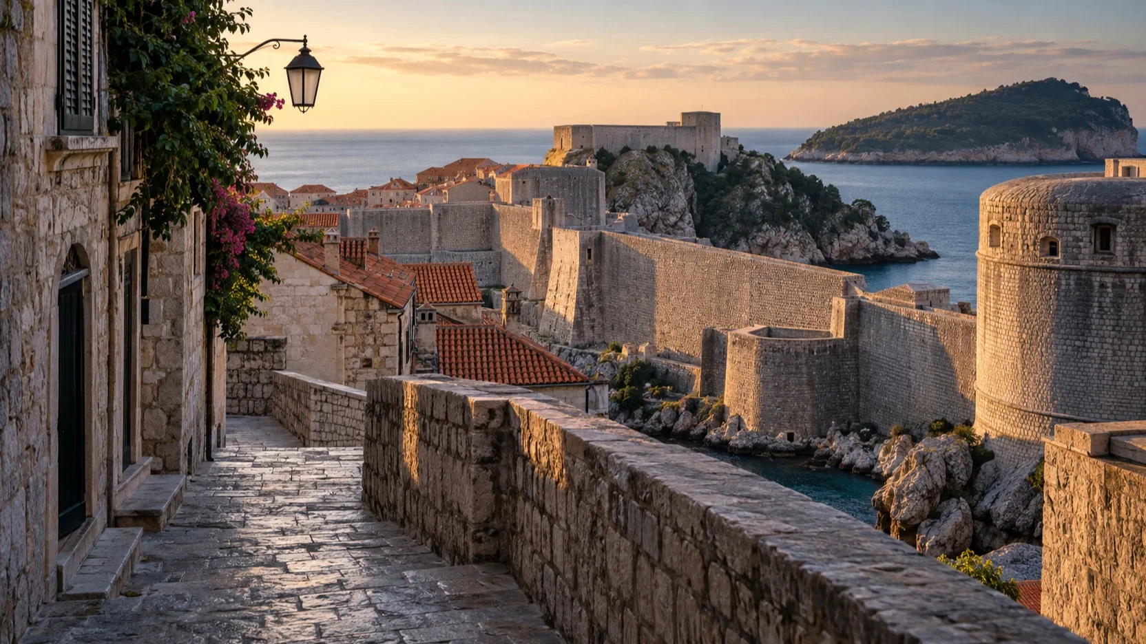 Quiet early morning lane beside Dubrovnik's city walls