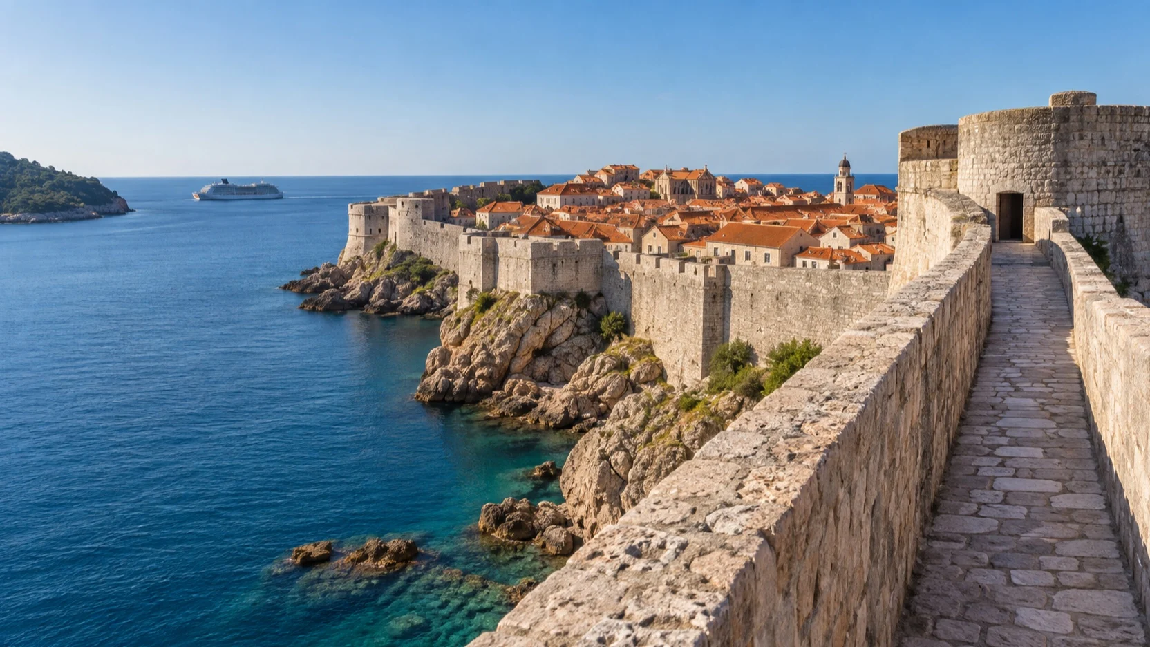 Empty Dubrovnik city walls overlooking the Adriatic and a cruise ship
