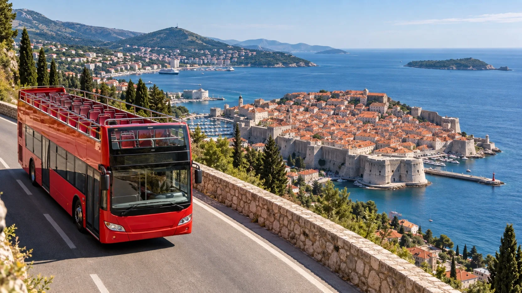 Open-top sightseeing bus above Dubrovnik’s walled Old Town