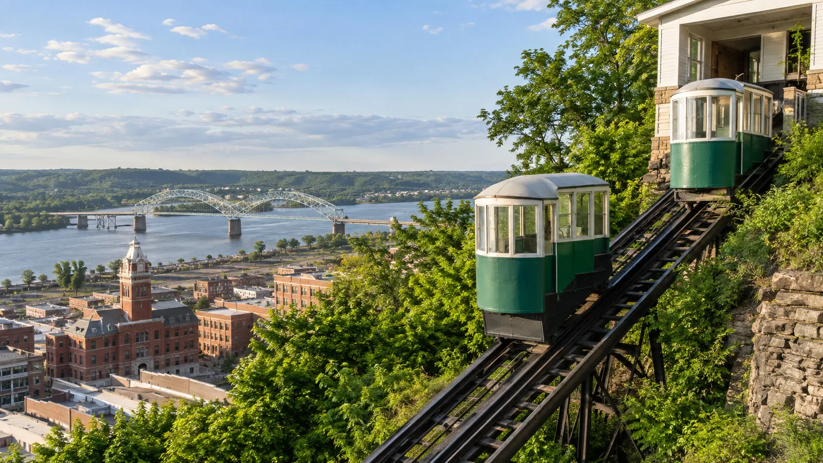 Fenelon Place Elevator funicular cars climbing the Dubuque bluff