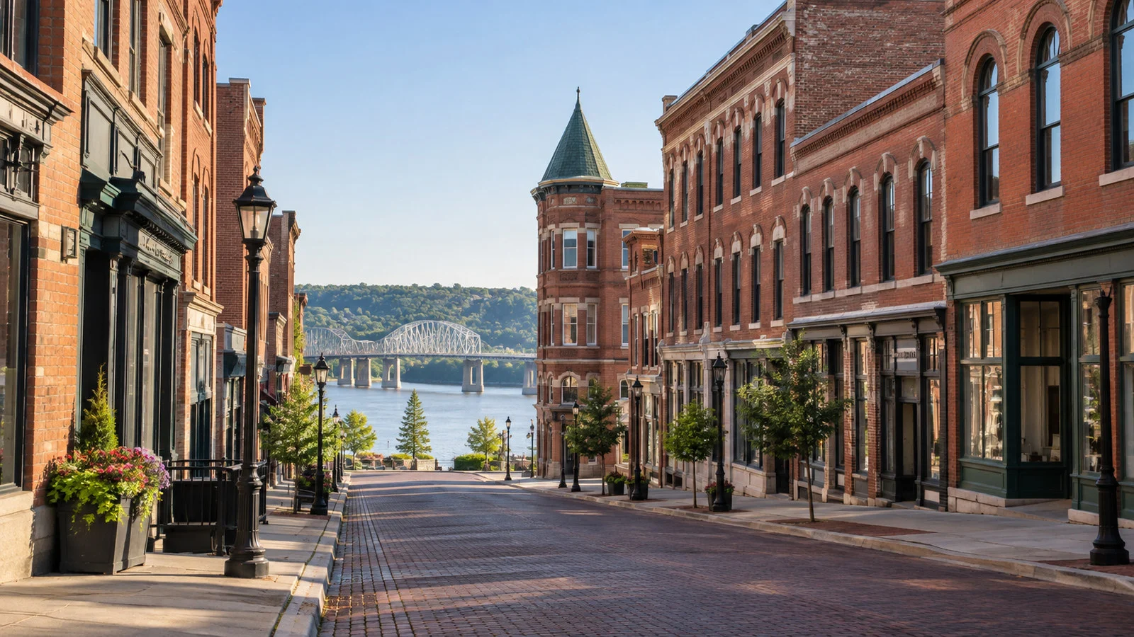 Historic downtown Dubuque brick buildings on an empty street