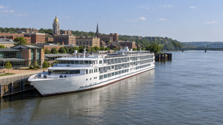 Mississippi River cruise boat moored at the Port of Dubuque Iowa