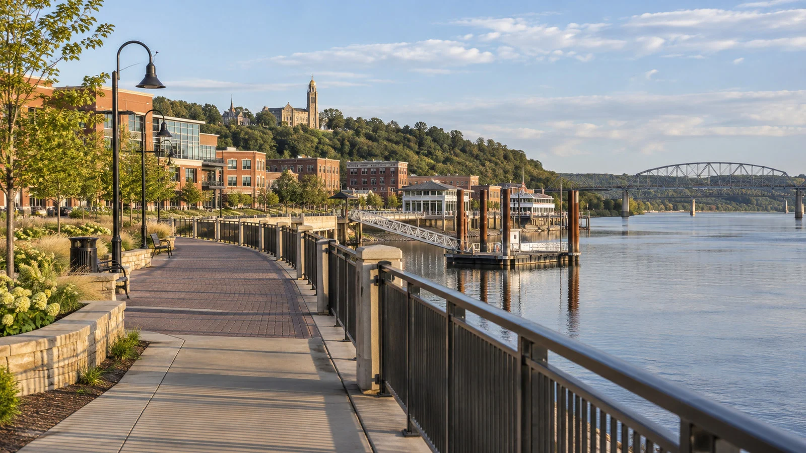 Port of Dubuque riverwalk and Mississippi waterfront