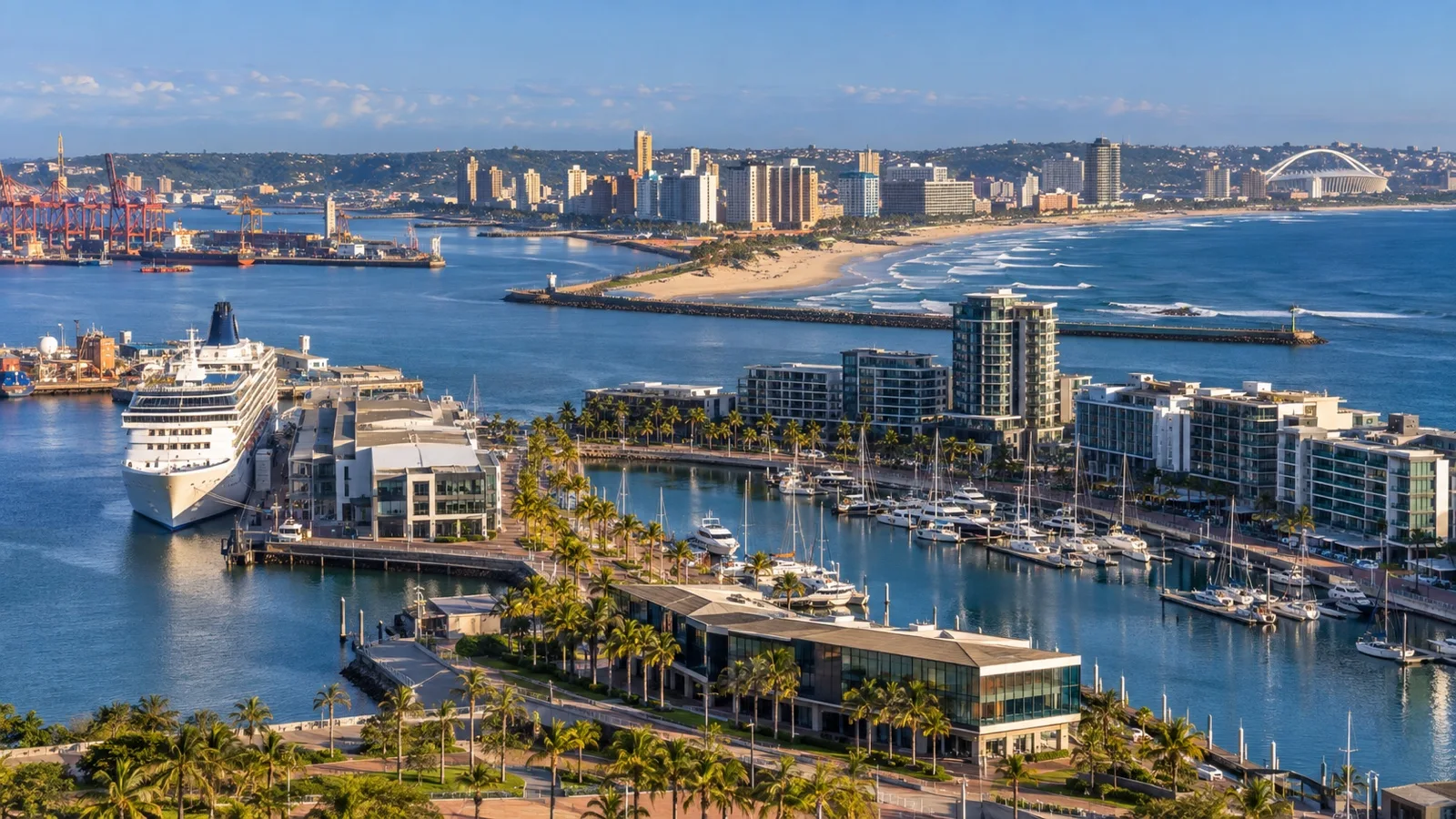 Panoramic Durban Point Waterfront, cruise harbor, hotel skyline and Indian Ocean coastline