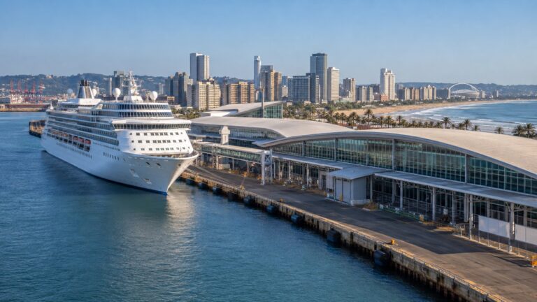 Nelson Mandela Cruise Terminal in Durban with a white cruise ship docked near the city's Indian Ocean waterfront