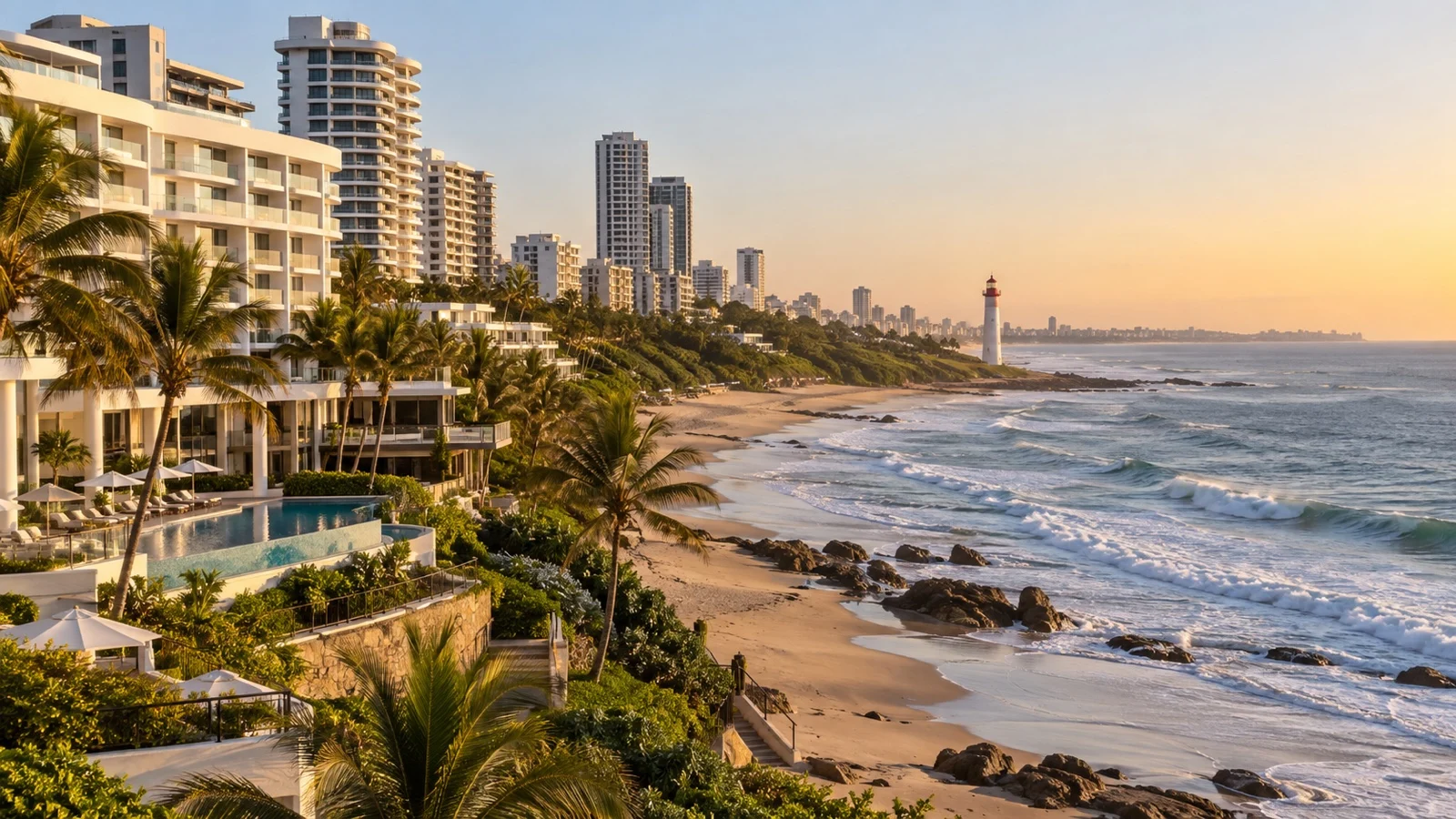 Umhlanga beachfront north of Durban with upscale hotels, palms and Indian Ocean surf