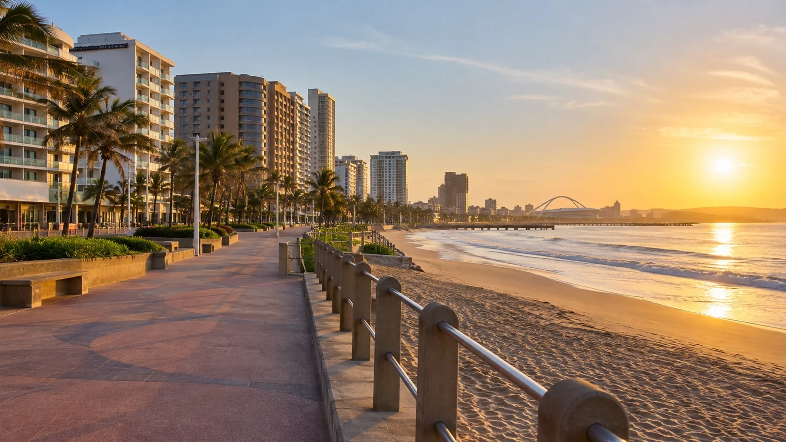 Durban Golden Mile beachfront with midrange hotels, long promenade and warm ocean light