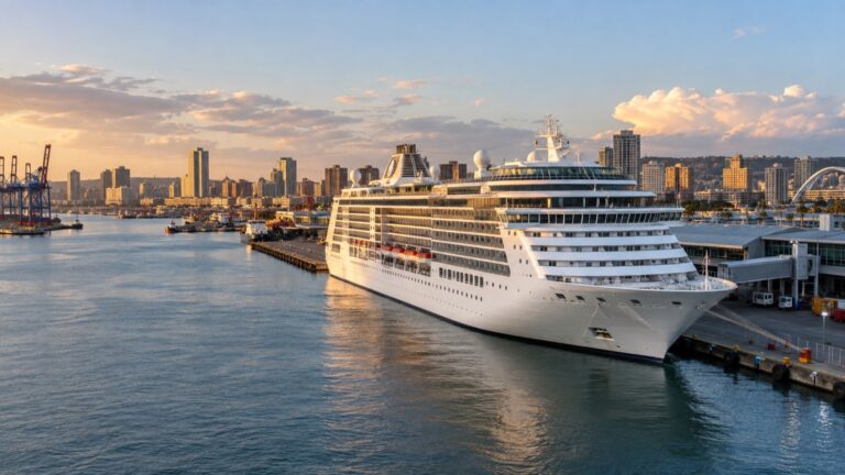 Cruise ship docked in Durban harbor on South Africa’s east coast