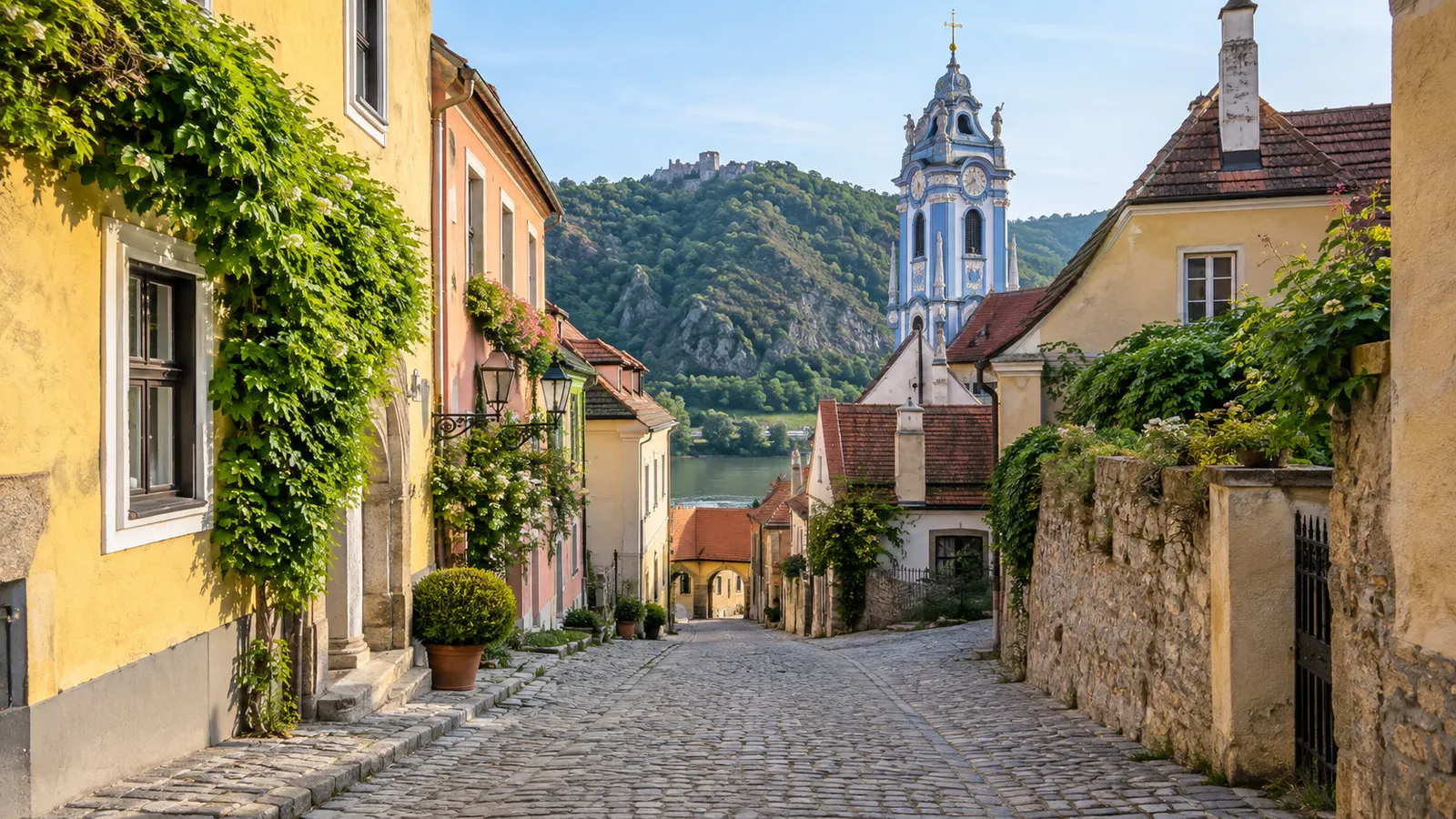 Cobblestone lane and pastel buildings in Dürnstein old town