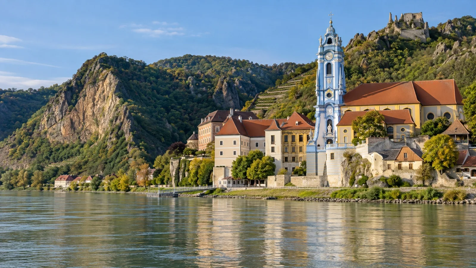 Dürnstein blue church tower by Danube